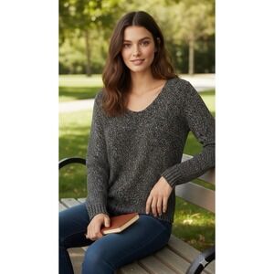 Eileen Fisher Black White Marled Cotton V-Neck Sweater Italian Yarn Large